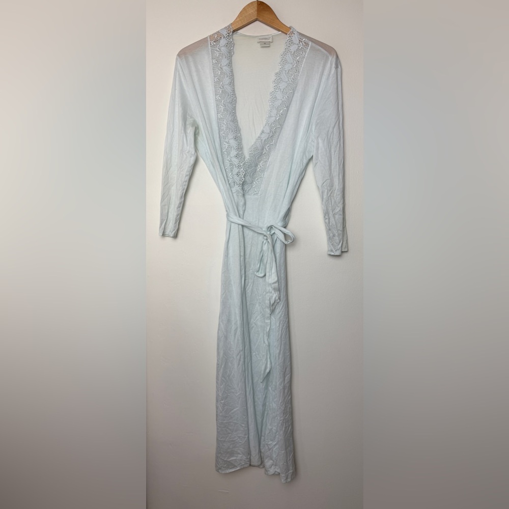 Hanro Light Blue Lace-Detail Long Robe with Tie Waist